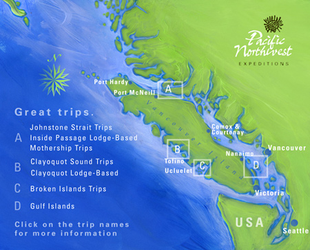 Sea Kayaking Trips Map - Pacific Northwest Expeditions Sea Kayak Touring Adventures, Vancouver Island, British Columbia 